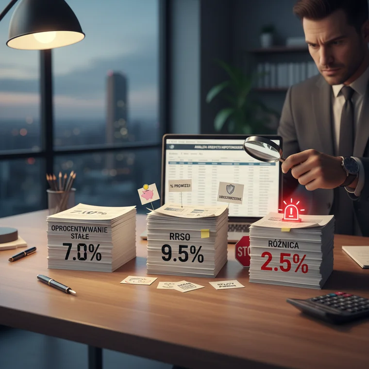 Małżeństwo rozmawiające z doradcą kredytowym o RRSO, oprocentowaniu stałym i kosztach dodatkowych produktów bankowych