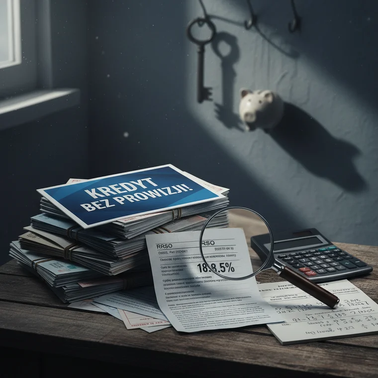Grafika przedstawiająca porównanie RRSO kredytu konsolidacyjnego bez prowizji i całkowitej kwoty do spłaty na tle dokumentów kredytowych