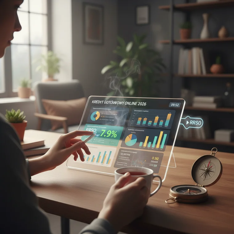 Konsument analizuje na ekranie smartfona porównywarkę RRSO kredytów gotówkowych online na 2026 rok, wybierając najniższe koszty
