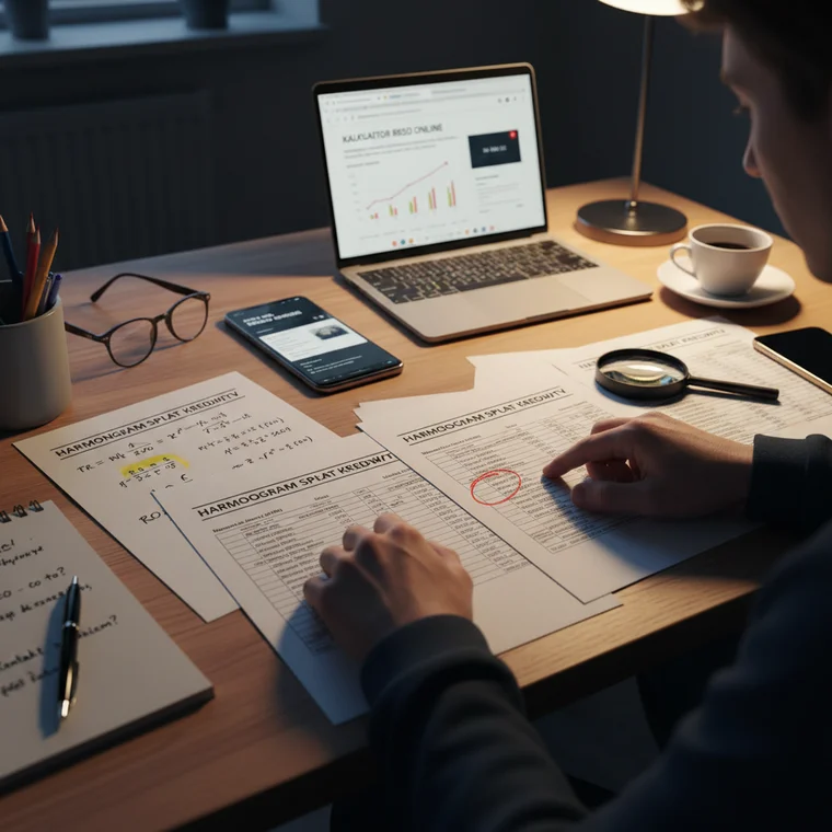 Para w domu analizuje dokumenty kredytu hipotecznego i RRSO po wakacjach kredytowych 2026, porównując stare i nowe harmonogramy spłat