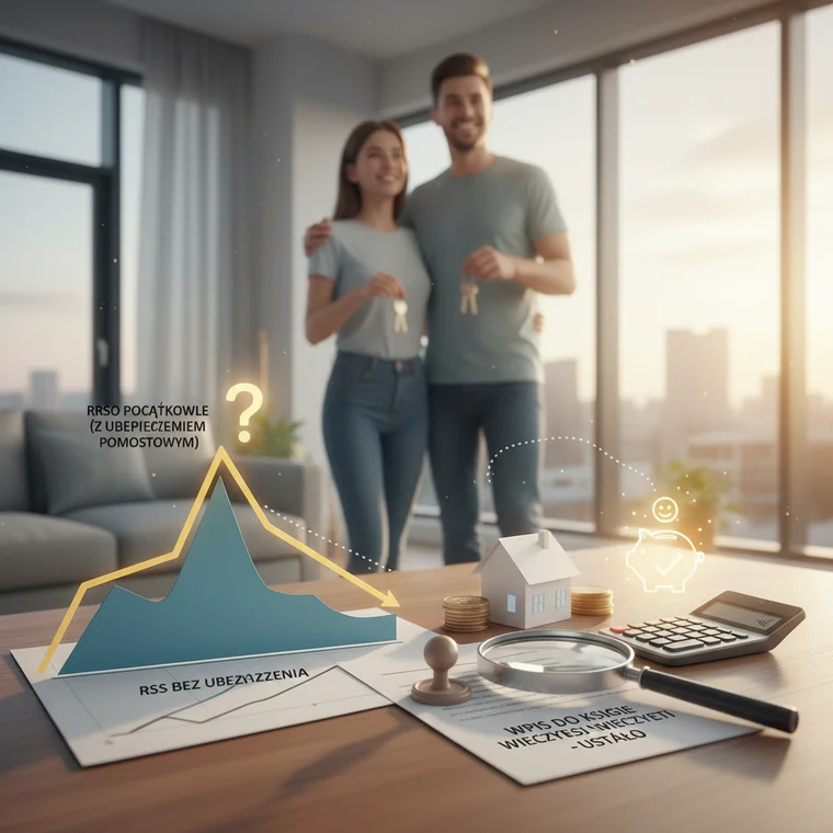 Doradca kredytowy omawia z klientem tabelę kosztów RRSO i okres ubezpieczenia pomostowego, pokazując kiedy rata kredytu hipotecznego spadnie