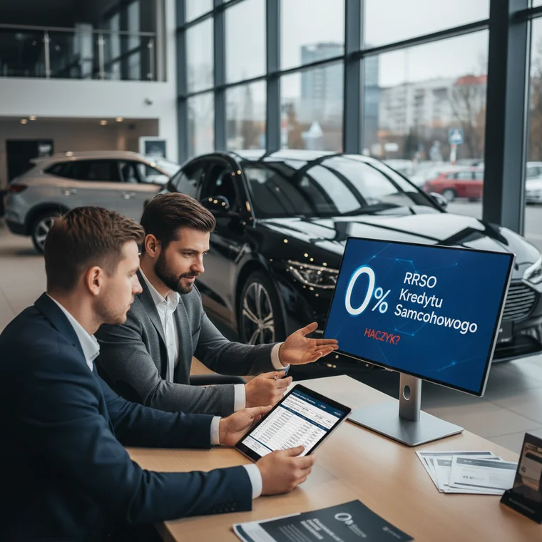 Doradca w salonie samochodowym omawia z klientem szczegóły kredytu 0% i RRSO, wskazując na zapisy w umowie finansowania auta