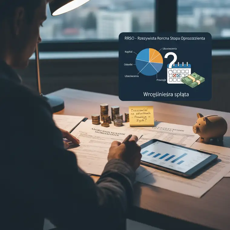 Tabela z harmonogramem spłaty kredytu hipotecznego i symulacją nadpłaty, pokazująca wpływ RRSO na całkowity koszt
