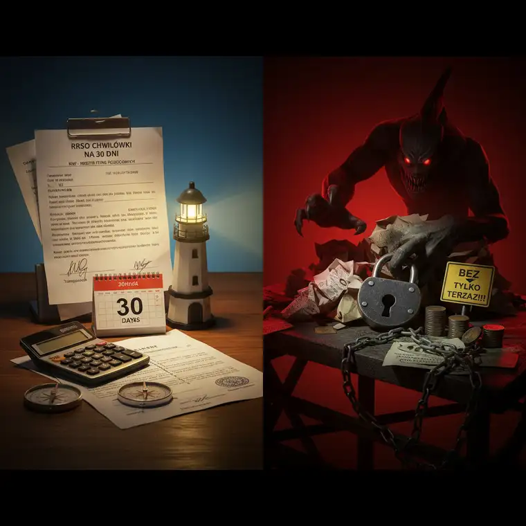 Mężczyzna sprawdza w komputerze firmę pożyczkową i RRSO chwilówki na 30 dni, zwracając uwagę na KNF oraz czerwone flagi świadczące o lichwie