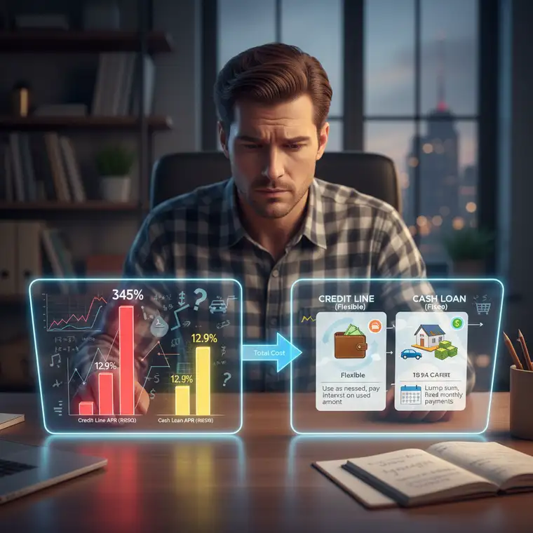 Schemat porównania kredytu odnawialnego i gotówkowego, pokazujący różnice w RRSO, kosztach i elastyczności produktów
