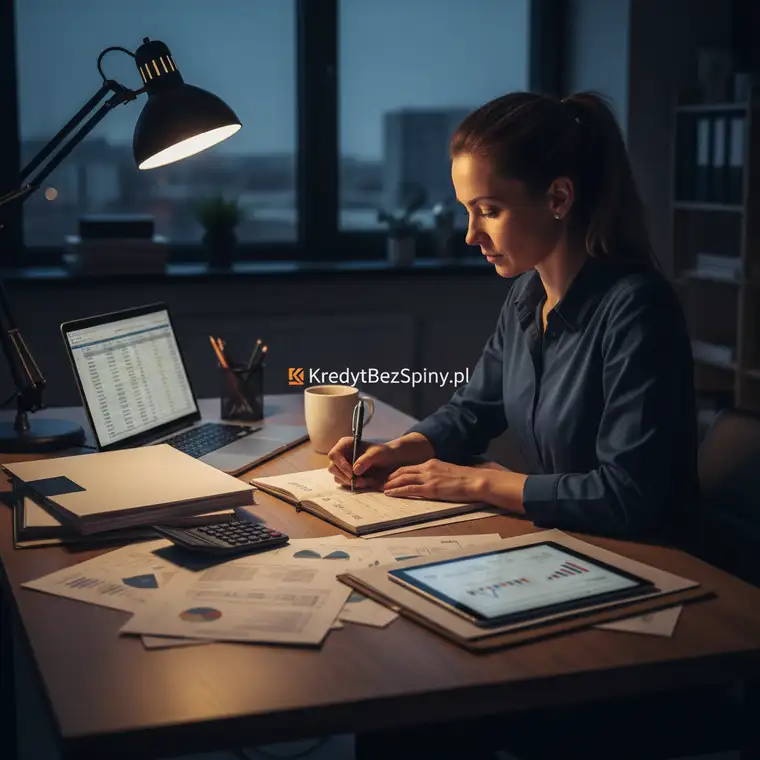 Właściciel małej firmy porównujący w tabeli oferty banków i RRSO kredytu firmowego do 200 tys. na ekranie komputera