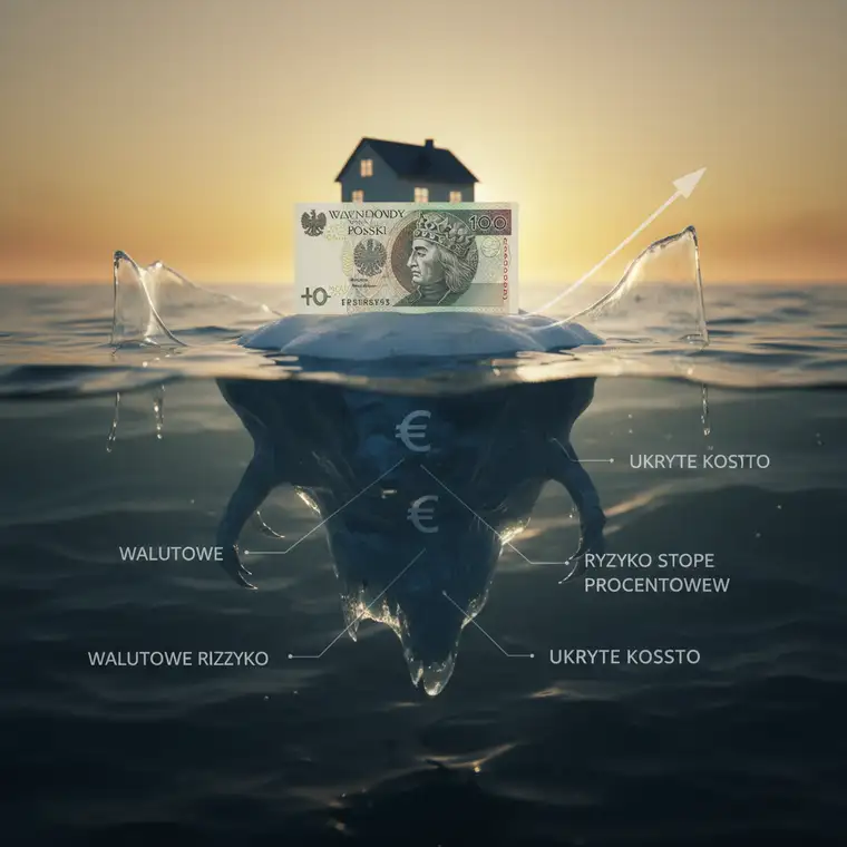 Wykres porównujący RRSO kredytu w euro i złotówkach oraz zmienność kursu EUR/PLN, ilustrujący ryzyko dla zarabiających w Polsce