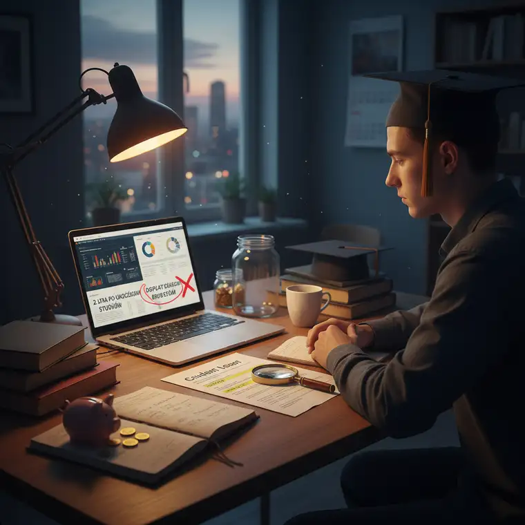 Młoda osoba przegląda umowę kredytu studenckiego i analizuje RRSO oraz warunki spłaty po studiach