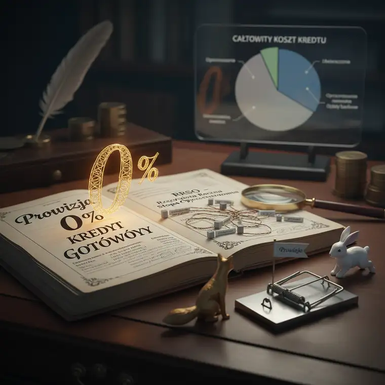 Kobieta porównuje dwie oferty kredytu gotówkowego, sprawdzając RRSO, prowizję 0% i dodatkowe ubezpieczenie na ekranie komputera