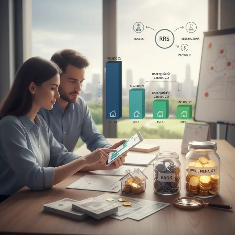 Wykres pokazujący spadek całkowitego kosztu i RRSO kredytu hipotecznego przy skróceniu okresu z 30 do 20 i 15 lat