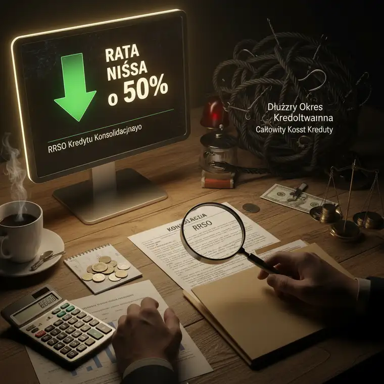 Schemat analizy RRSO kredytu konsolidacyjnego z ratą niższą o 50% na tle tabeli z kosztami i okresem spłaty