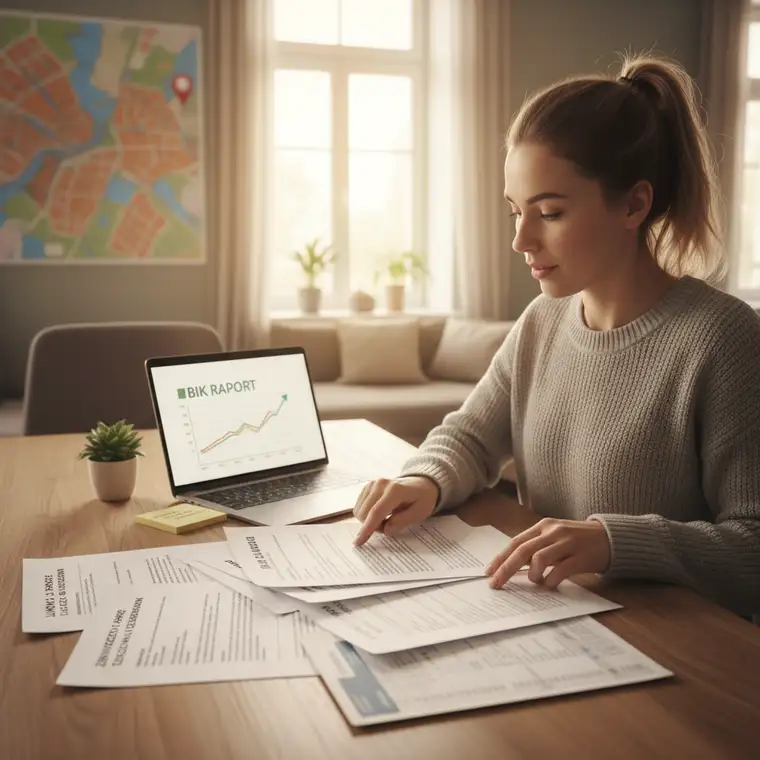 Młoda osoba zatrudniona na czas określony przygotowuje dokumenty dochodowe do kredytu hipotecznego, analizując umowę i promesę zatrudnienia
