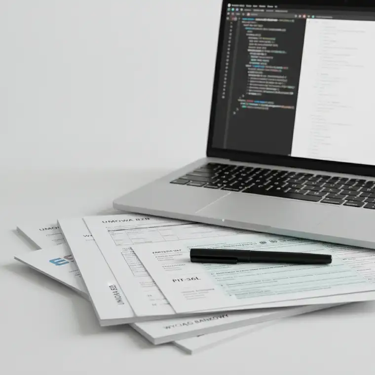 Programista na B2B analizuje dokumenty finansowe potrzebne do kredytu hipotecznego, siedząc przy laptopie w nowoczesnym mieszkaniu