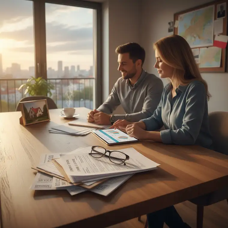 Rodzina analizuje dokumenty kredytu hipotecznego w salonie, omawiając rozliczenie dochodów z zagranicy i wymagania banku po powrocie z emigracji