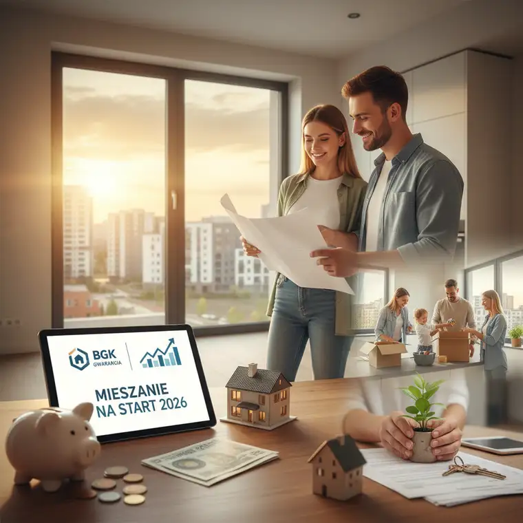 Rodzina rozważająca program Mieszkanie na Start i kredyt hipoteczny bez wkładu własnego w 2026 roku, siedząca przy stole z dokumentami finansowymi