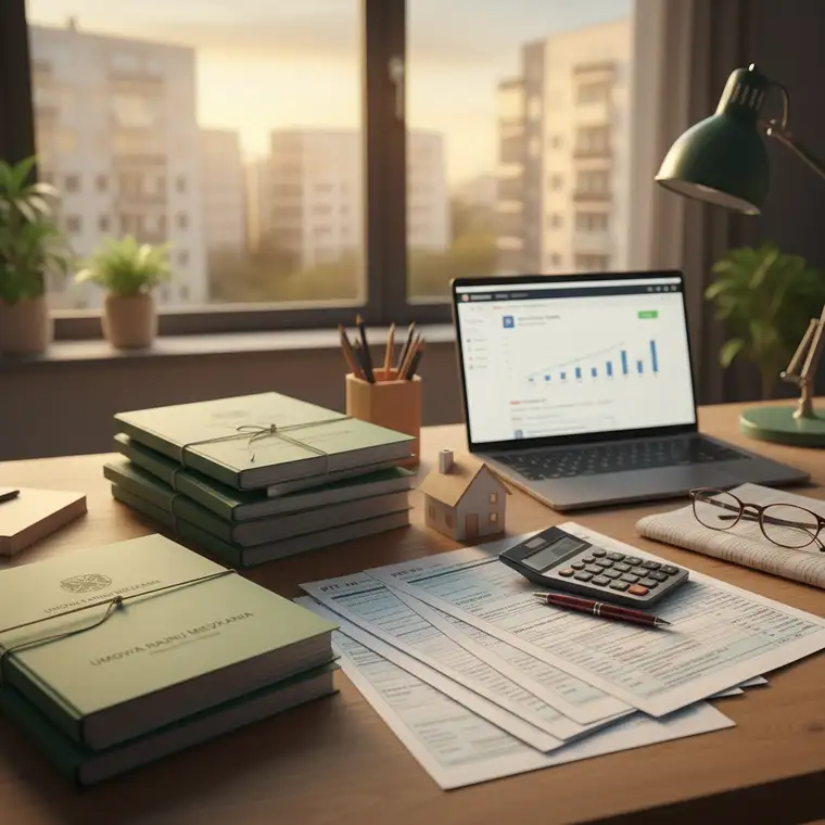 Właściciel mieszkania przygotowuje umowy najmu i deklaracje PIT, aby udokumentować dochody z najmu prywatnego do kredytu hipotecznego