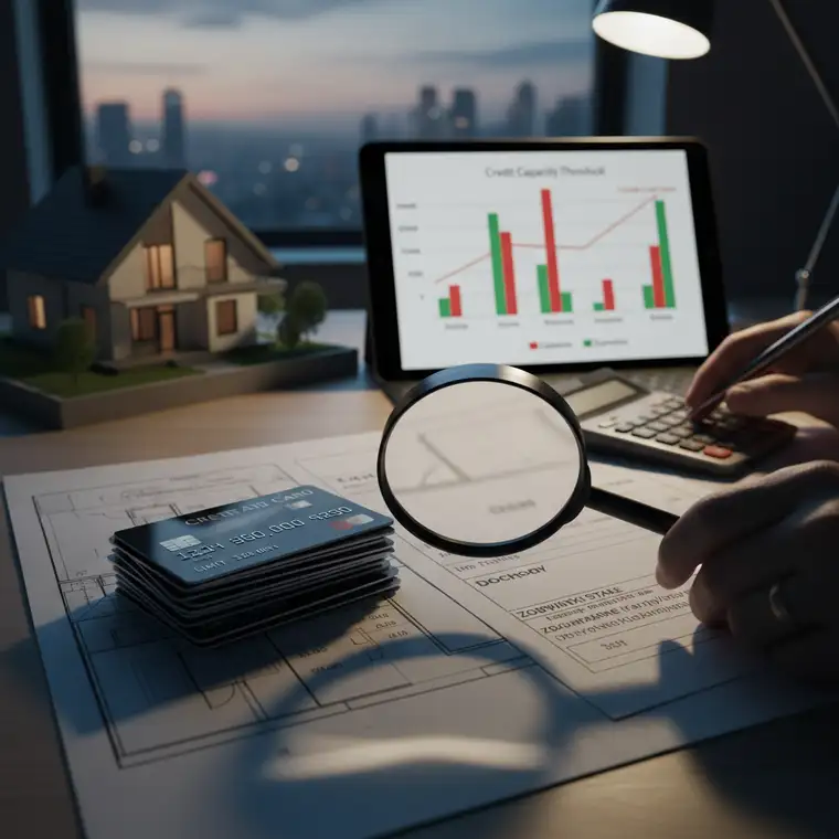Mężczyzna analizujący zdolność kredytową i wysokie limity na kartach przed decyzją banku o kredycie hipotecznym