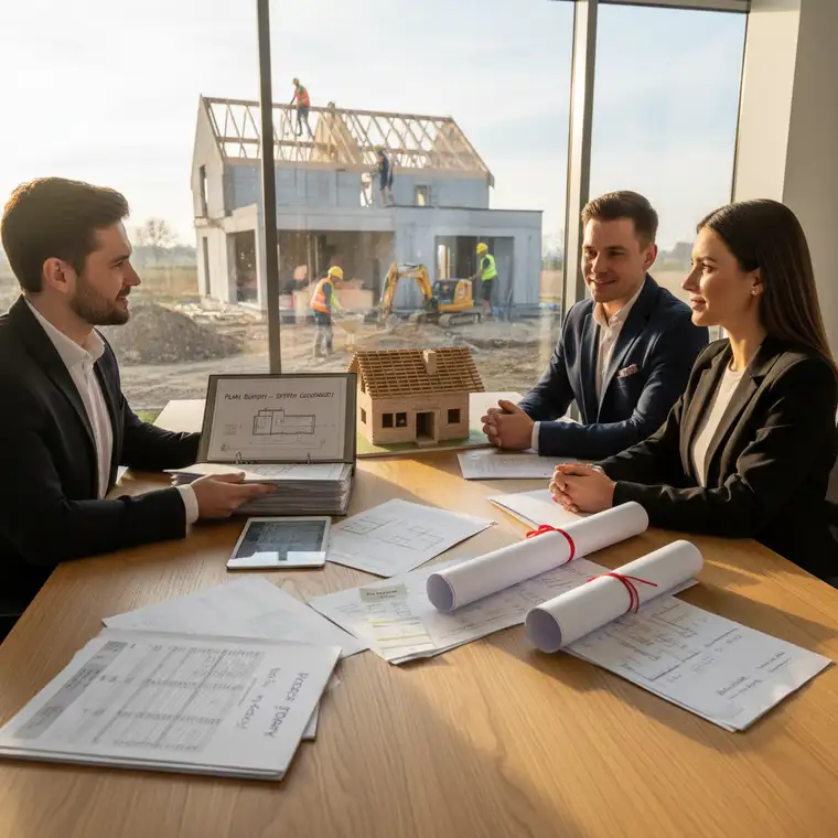 Inwestor z kierownikiem budowy analizują harmonogram i kosztorys kredytu hipotecznego na dom w budowie systemem gospodarczym