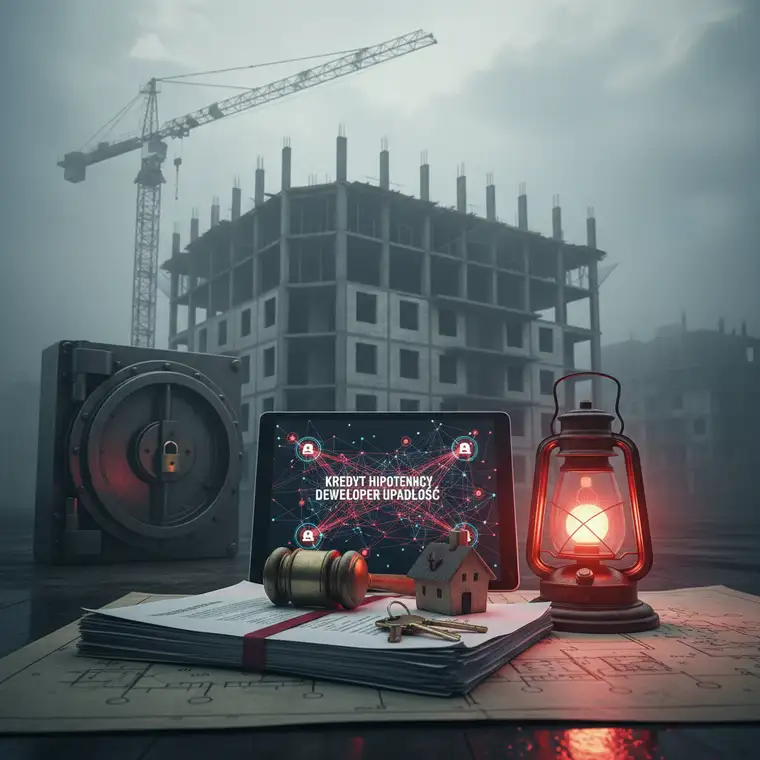 Rodzina oglądająca plan niedokończonego mieszkania od dewelopera w upadłości, rozważająca kredyt hipoteczny i dalsze kroki