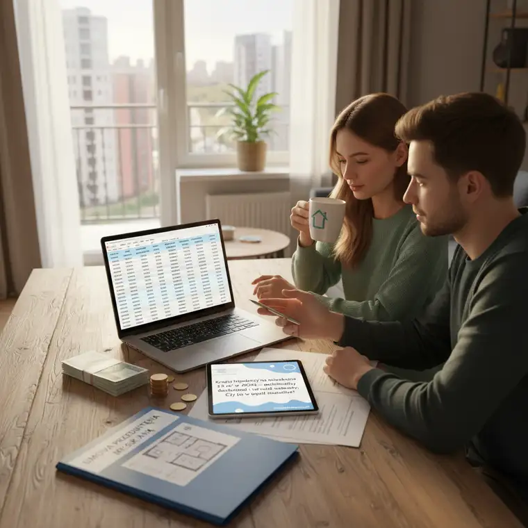 Para analizująca dokumenty kredytowe, kalkulująca zdolność kredytową i wymagany wkład własny na mieszkanie 35 m², siedząca przy stole z laptopem