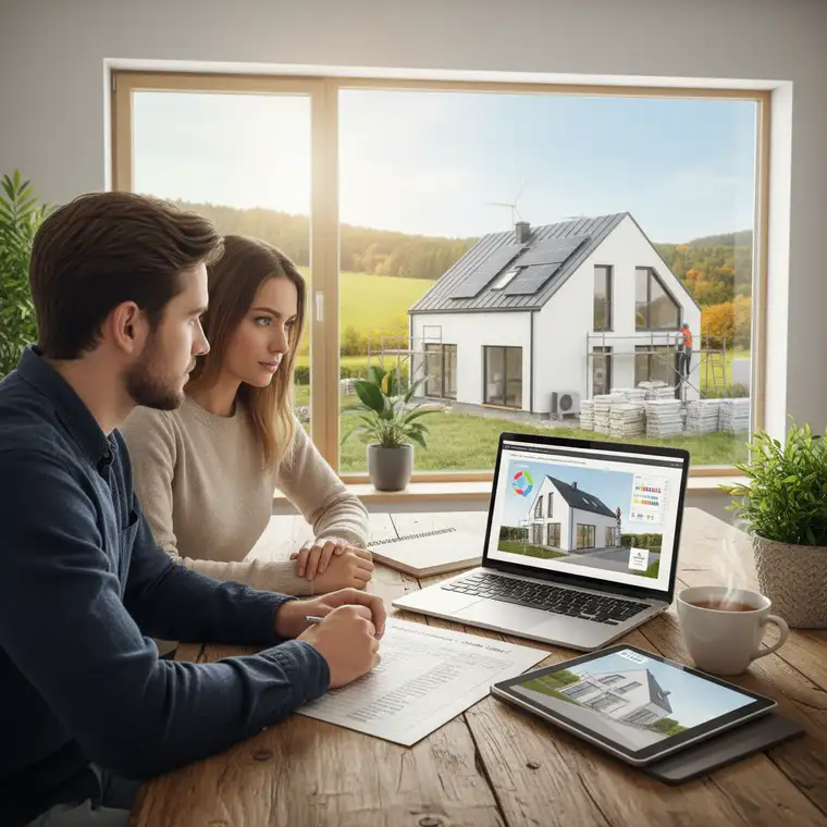 Nowoczesny dom energooszczędny 120 m² z panelami fotowoltaicznymi i pompą ciepła, ilustrujący wykorzystanie kredytu hipotecznego i dotacji