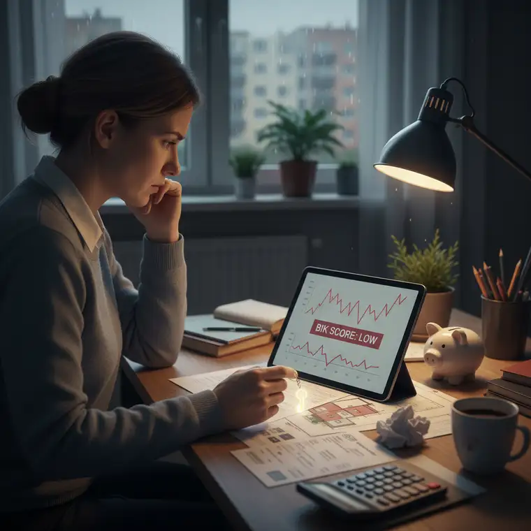Doradca kredytowy omawia z klientem słaby BIK po opóźnieniach 60 dni, wskazując działania zwiększające szanse na kredyt hipoteczny i poprawę historii kredytowej