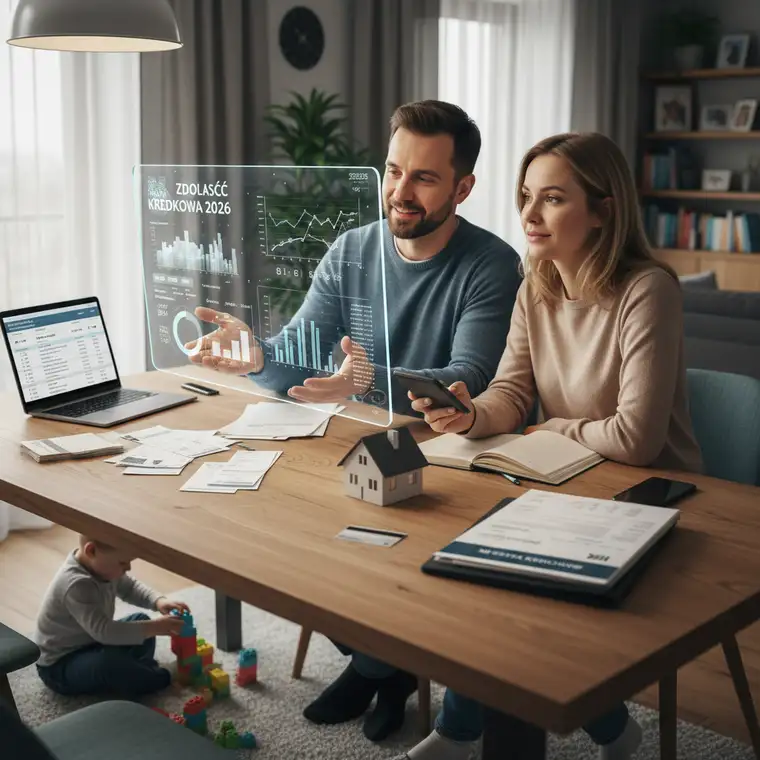 Kalkulator, dokumenty kredytowe i notatnik na stole – para analizuje koszty utrzymania i ratę kredytu przy jednym dochodzie