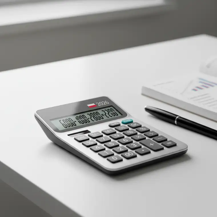 Małżeństwo analizujące zdolność kredytową z jednym dochodem przy biurku, kalkulator, dokumenty i laptop – wizualizacja tematu zdolności kredytowej w 2026 roku