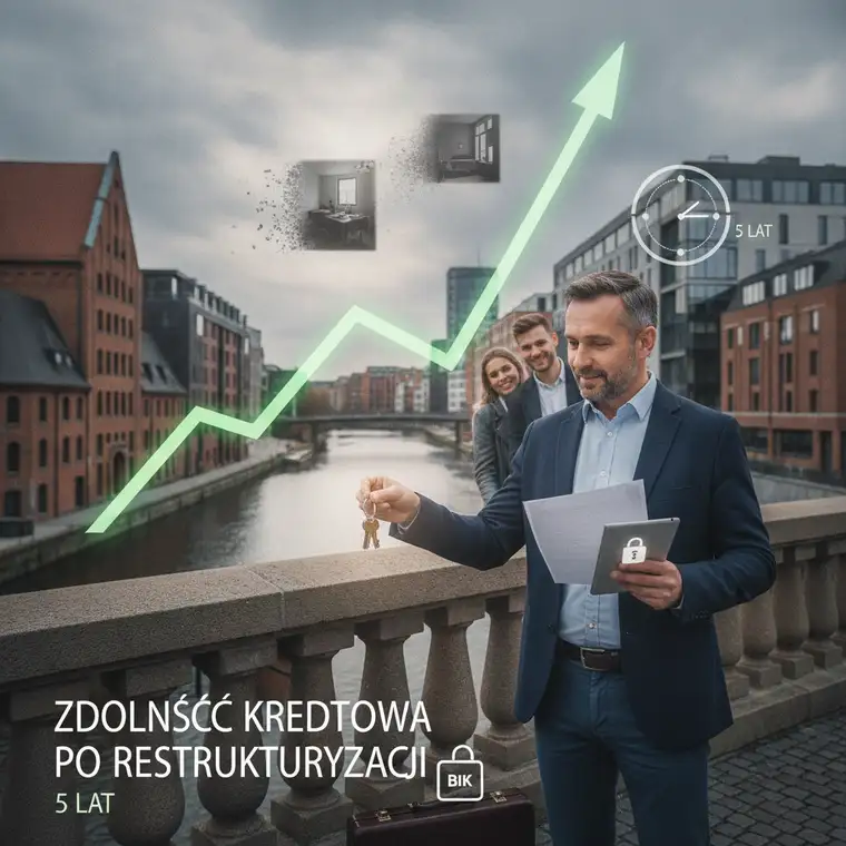 Mężczyzna analizuje raport BIK po restrukturyzacji kredytu hipotecznego, sprawdzając spadek i odbudowę scoringu kredytowego na laptopie