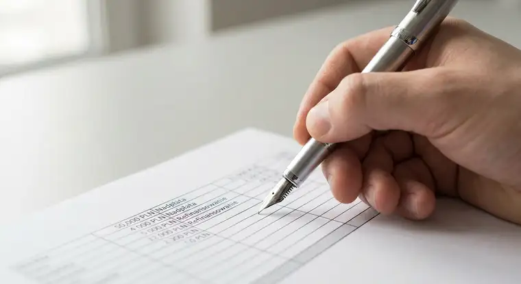 Osoba analizuje kredyt gotówkowy 50 tys. na laptopie, rozważając nadpłatę lub refinansowanie a zdolność kredytową